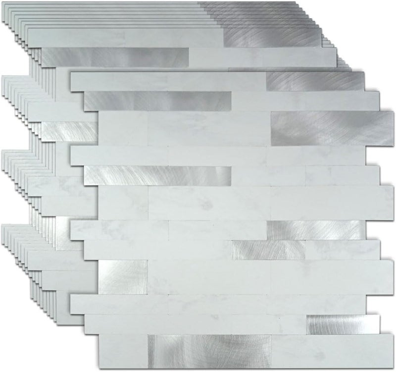 weimeisc 10 Sheets Peel and Stick Backsplash Tile for Kitchen, Self-Adhesive Mosaic Tile, Stick on Bathroom Vanities，Fireplace Décor, Laundry Table(11.25" X 12.7") (White + Silver) - Image 1